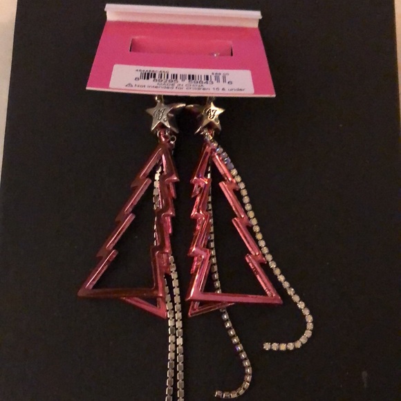Betsey Johnson Silver Tone & Pink Metal Christmas Tree Drop Earrings Fringe NWT - Picture 11 of 13